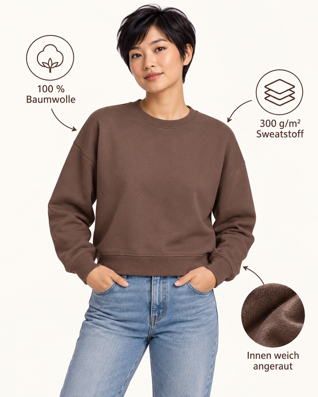 Sitztgut Damen-Sweatshirt aus Baumwolle, kurz geschnitten – Mocha – Produktdetails