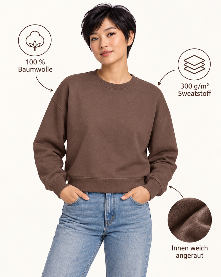 Sitztgut Damen-Sweatshirt aus Baumwolle, kurz geschnitten – Mocha – Produktdetails