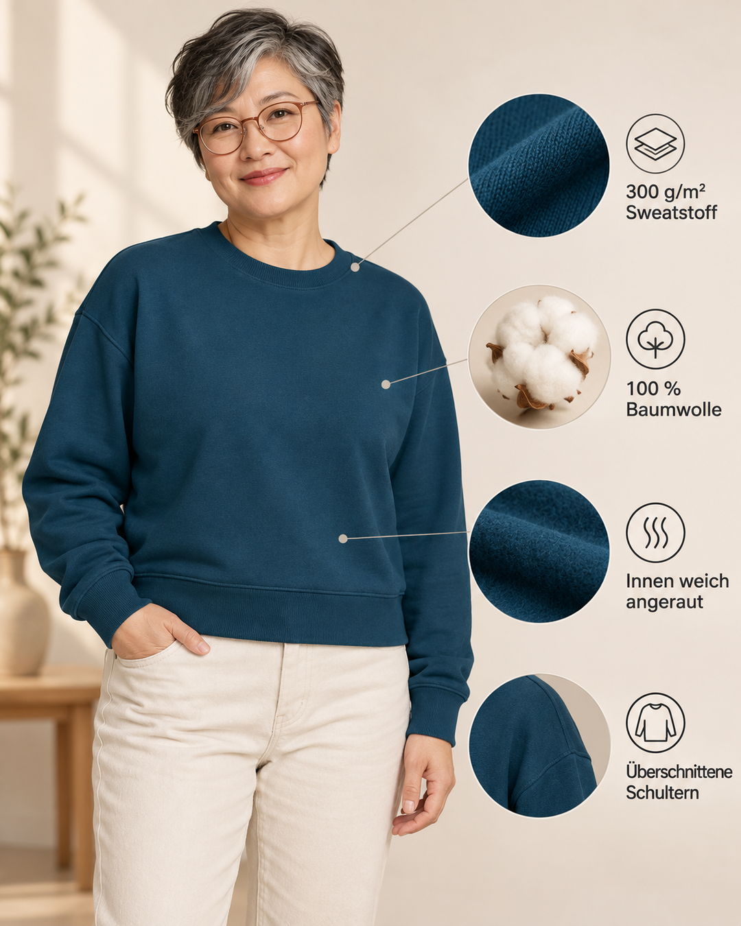 Sitztgut Damen-Sweatshirt aus Baumwolle, kurz geschnitten – Deep Teal – Produktdetails