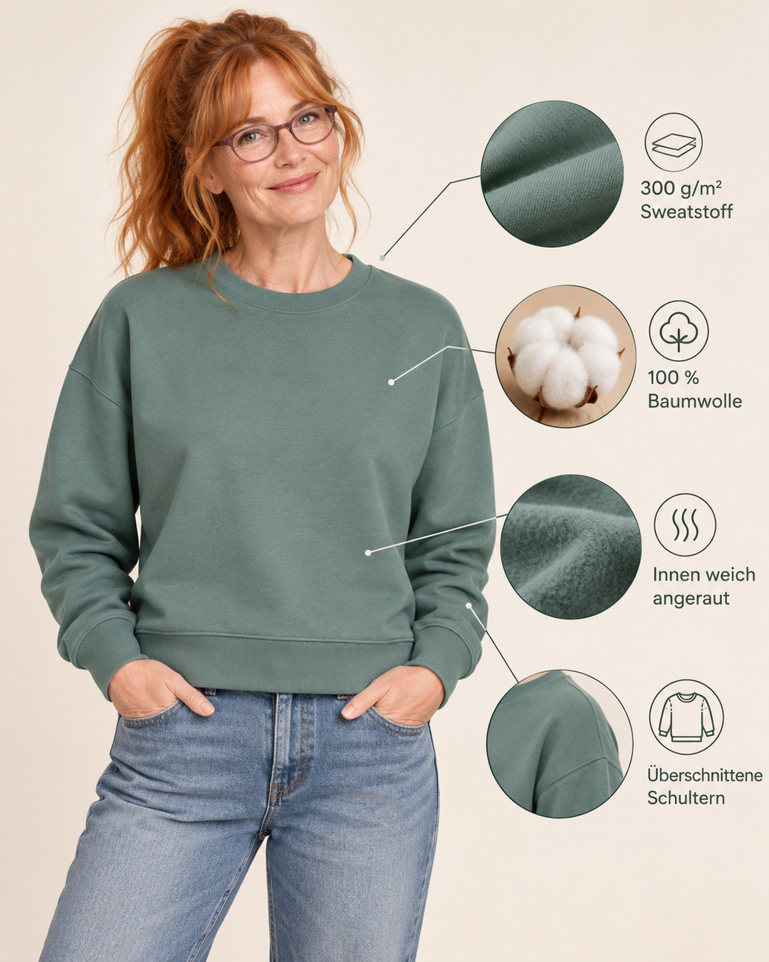 Sitztgut Damen-Sweatshirt aus Baumwolle, kurz geschnitten – Green Bay – Produktdetails