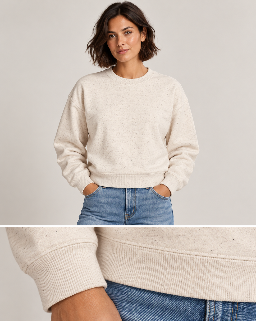 Sitztgut Damen-Sweatshirt aus Baumwolle, kurz geschnitten – Eco-Heather – Materialdetail