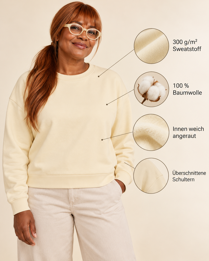 Sitztgut Damen-Sweatshirt aus Baumwolle, kurz geschnitten – Honey Paper – Produktdetails