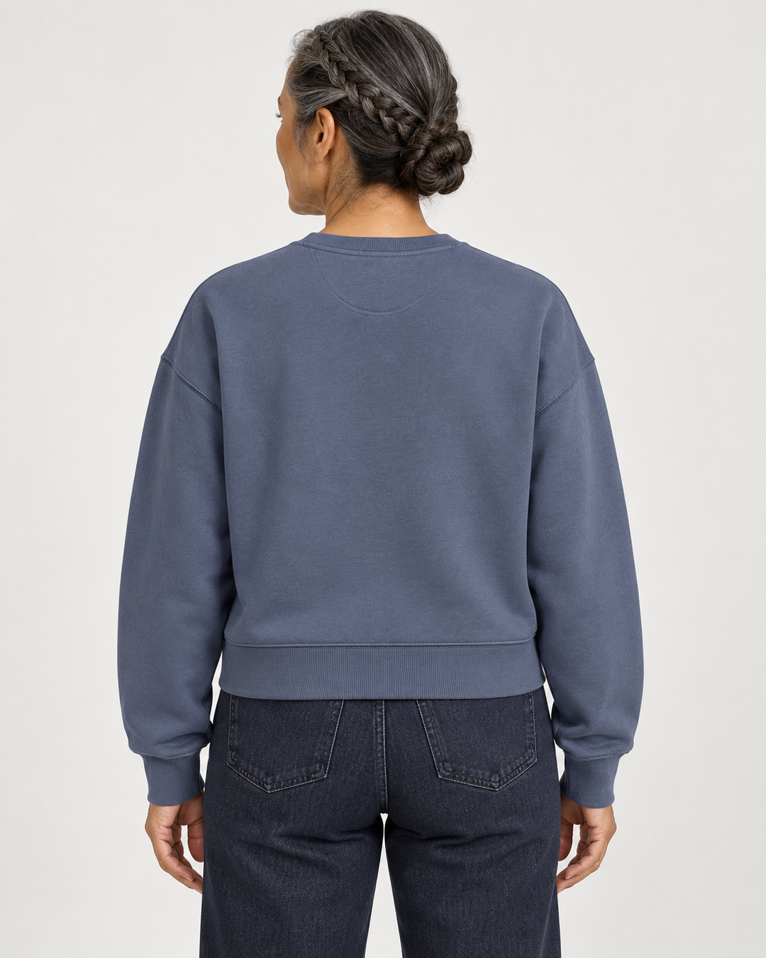 Sitztgut Damen-Sweatshirt aus Baumwolle, kurz geschnitten – Blue Grey – Rückenansicht
