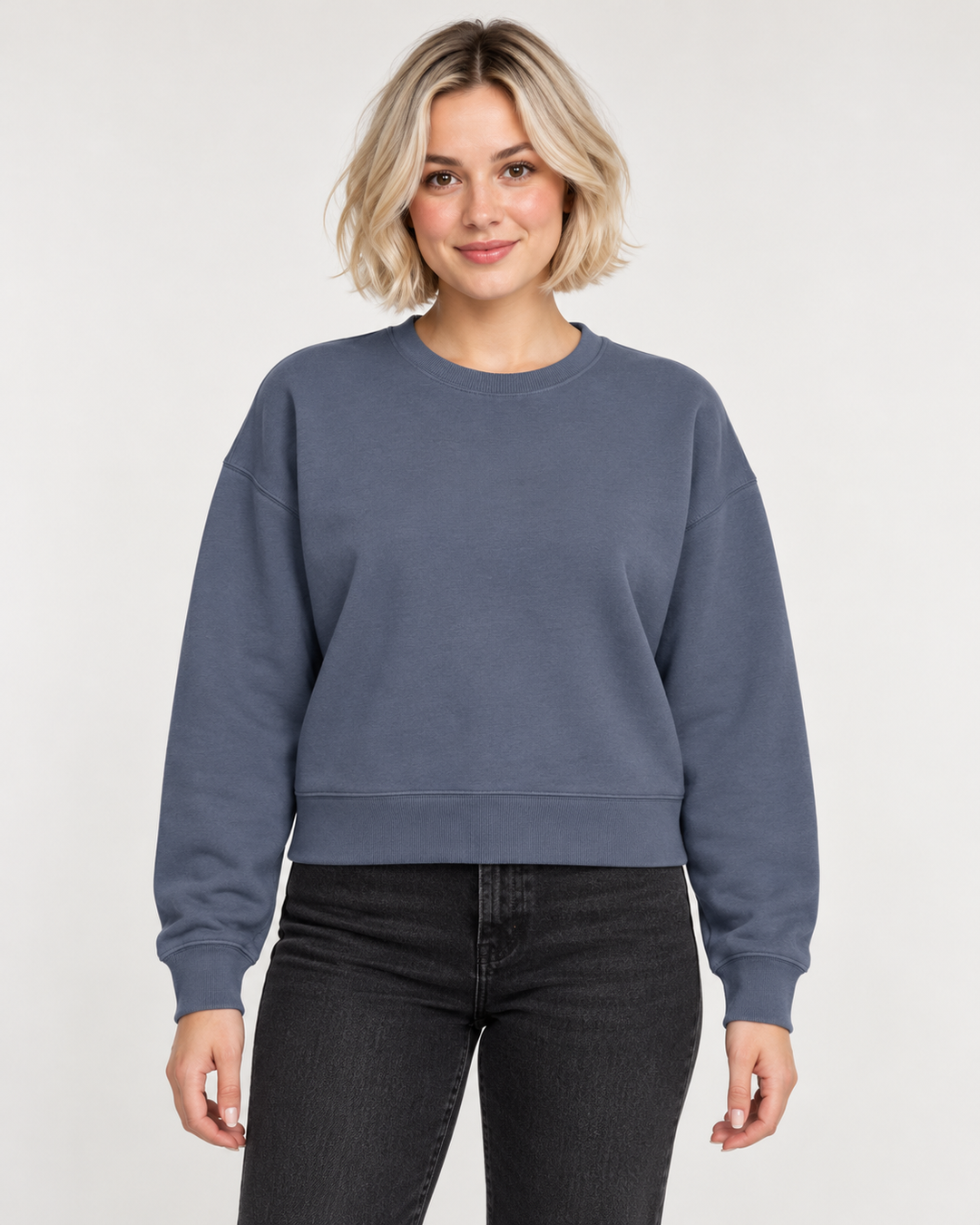 Sitztgut Damen-Sweatshirt aus Baumwolle, kurz geschnitten – Blue Grey – Vorderansicht