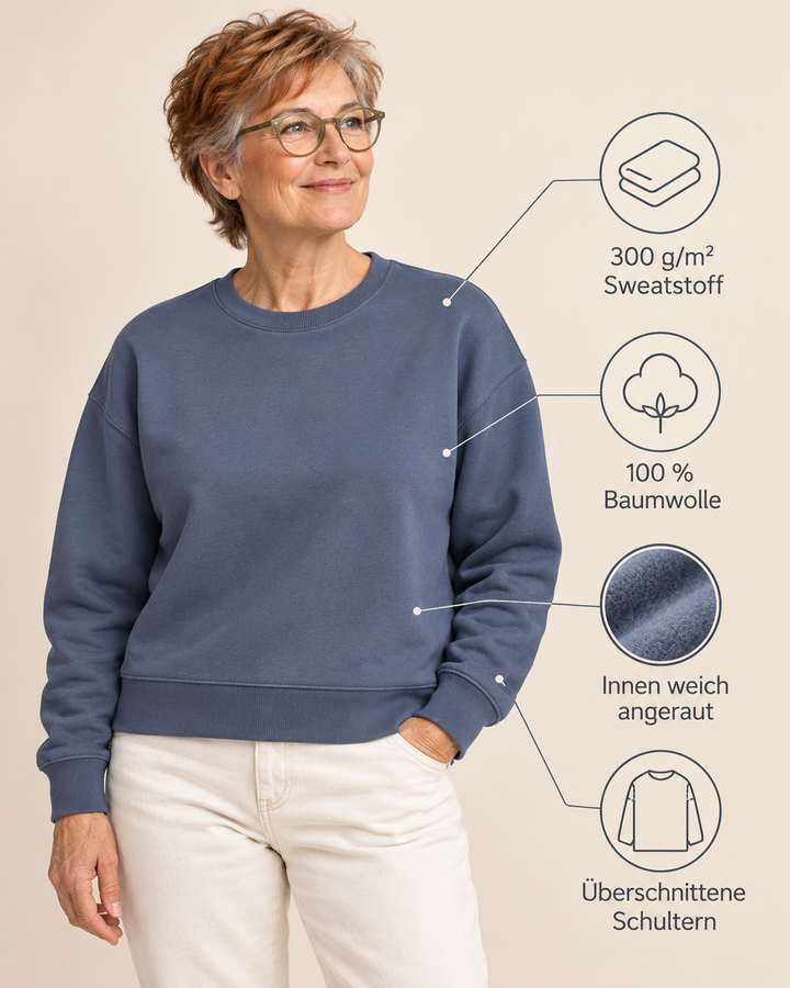 Sitztgut Damen-Sweatshirt aus Baumwolle, kurz geschnitten – Blue Grey – Produktdetails