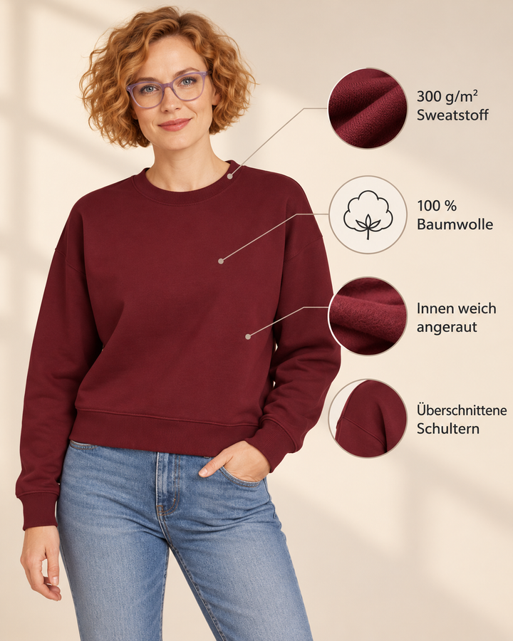Sitztgut Damen-Sweatshirt aus Baumwolle, kurz geschnitten – Burgundy – Produktdetails
