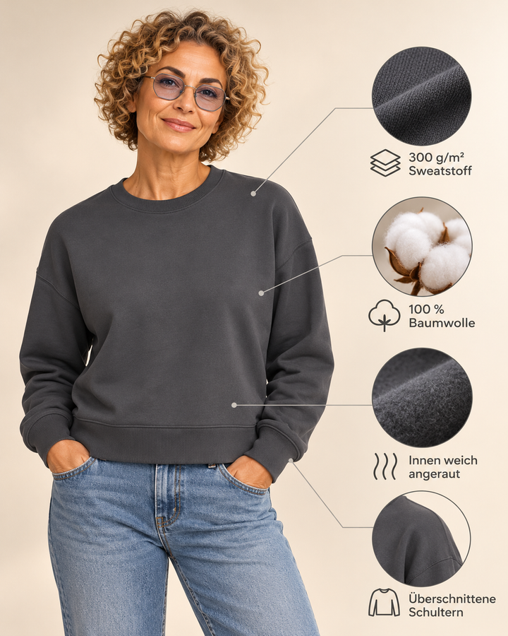 Sitztgut Damen-Sweatshirt aus Baumwolle, kurz geschnitten – Anthracite – Produktdetails