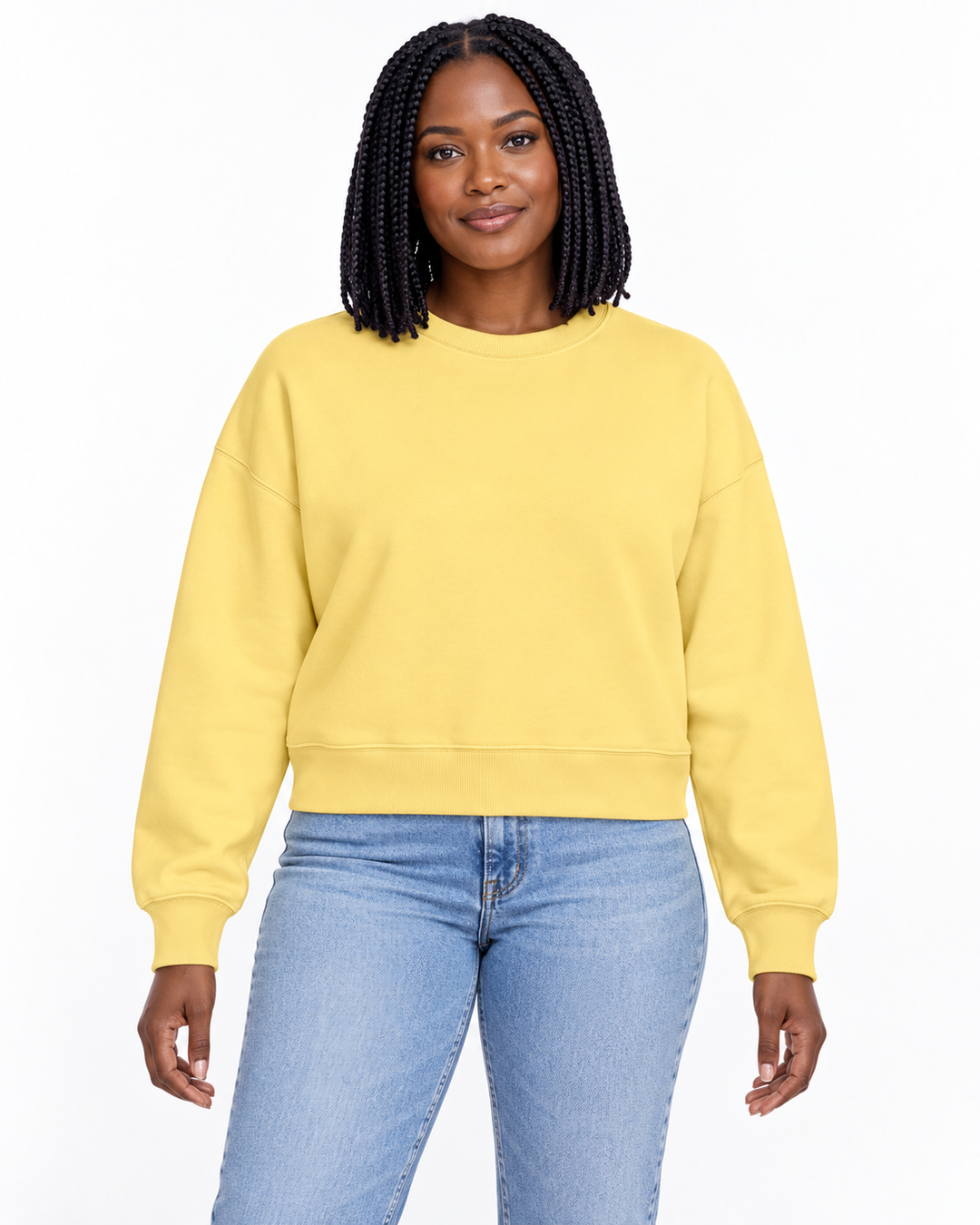Sitztgut Damen-Sweatshirt aus Baumwolle, kurz geschnitten – Viva Yellow – Vorderansicht