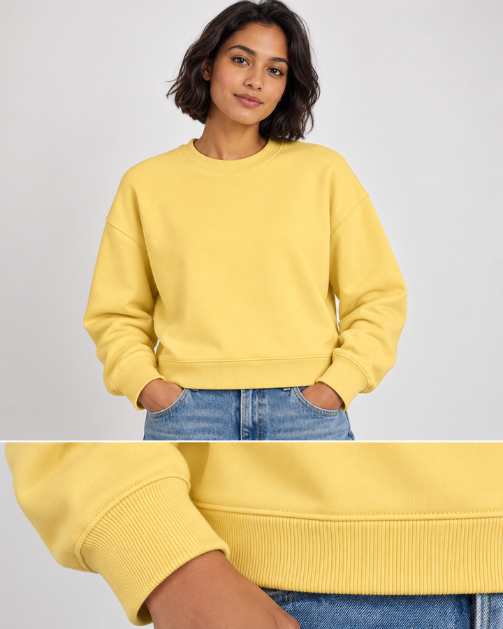 Sitztgut Damen-Sweatshirt aus Baumwolle, kurz geschnitten – Viva Yellow – Materialdetail