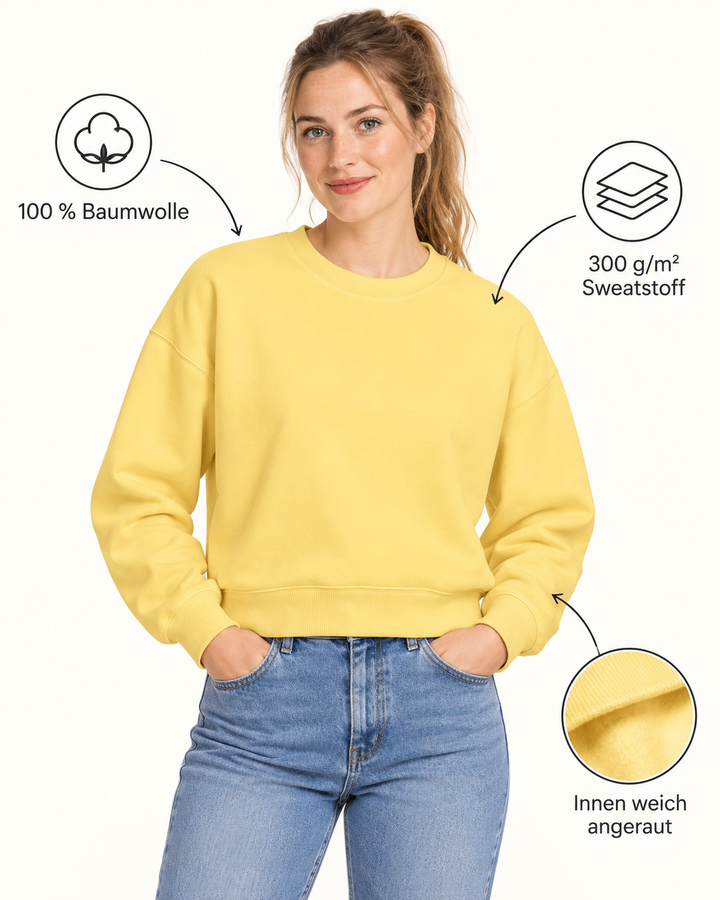 Sitztgut Damen-Sweatshirt aus Baumwolle, kurz geschnitten – Viva Yellow – Produktdetails