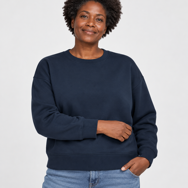 Sitztgut Damen-Sweatshirt aus Baumwolle, kurz geschnitten – Dunkelblau – Materialdetail