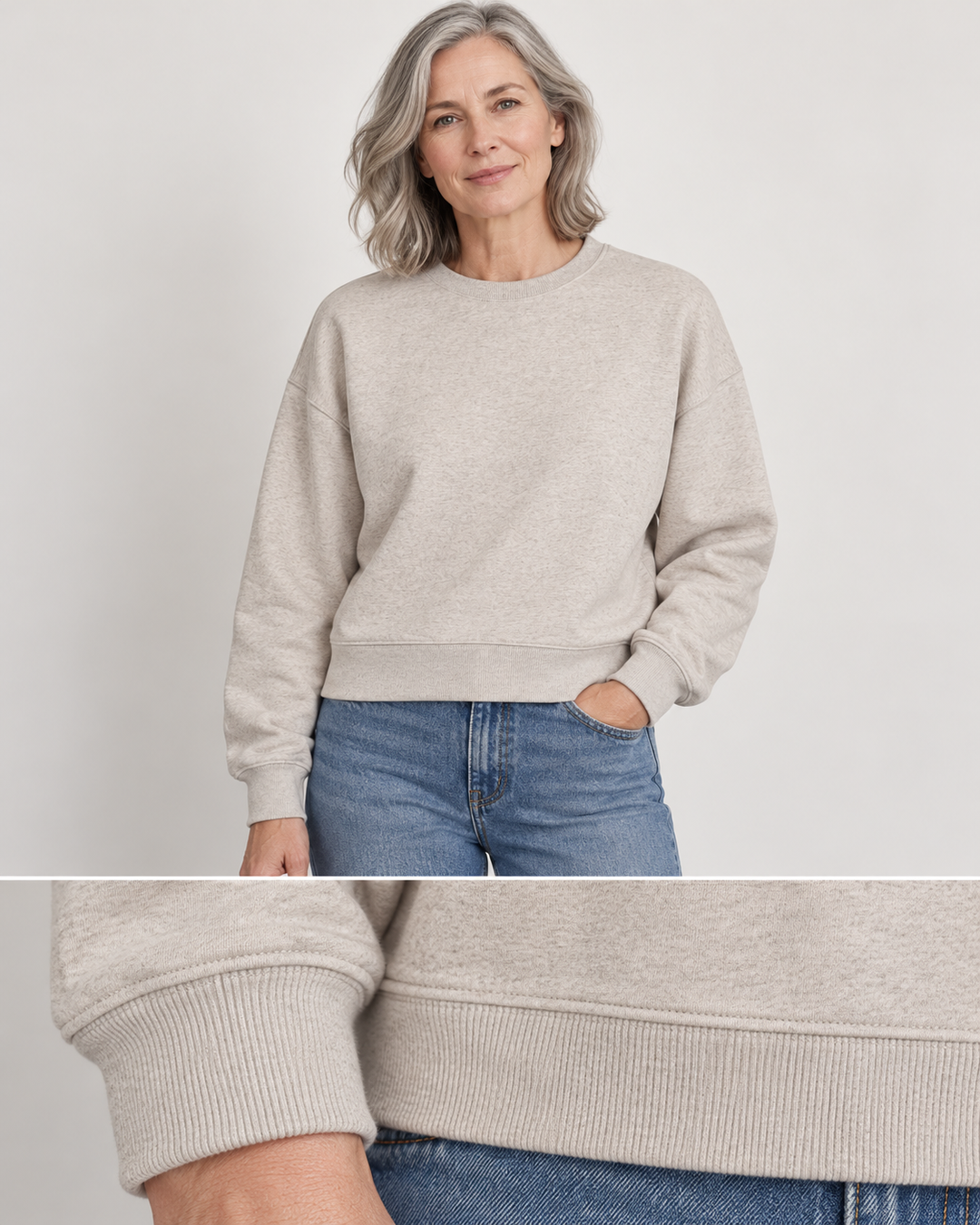Sitztgut Damen-Sweatshirt aus Baumwolle, kurz geschnitten – Beige meliert (Heather Haze) – Materialdetail