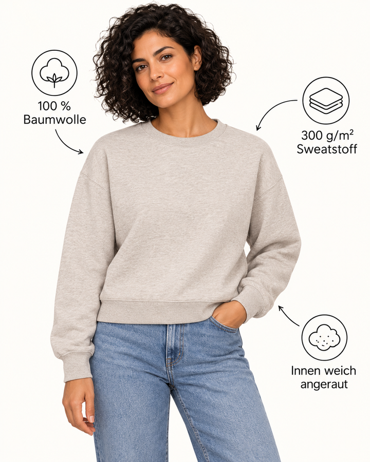 Sitztgut Damen-Sweatshirt aus Baumwolle, kurz geschnitten – Beige meliert (Heather Haze) – Produktdetails
