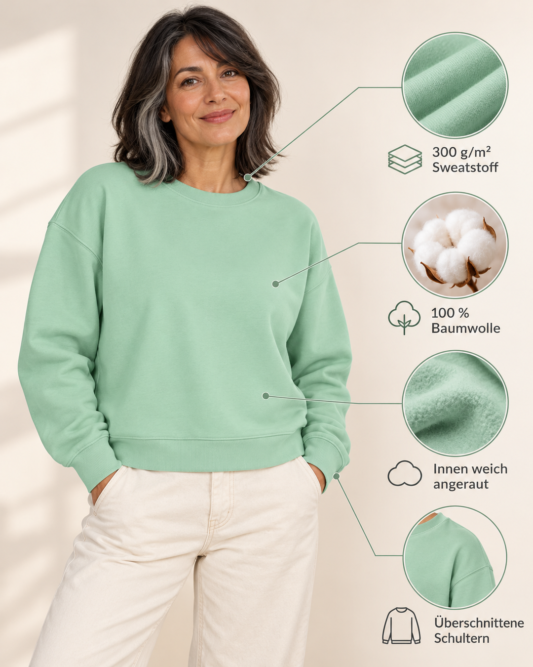 Sitztgut Damen-Sweatshirt aus Baumwolle, kurz geschnitten – Misty Jade – Produktdetails
