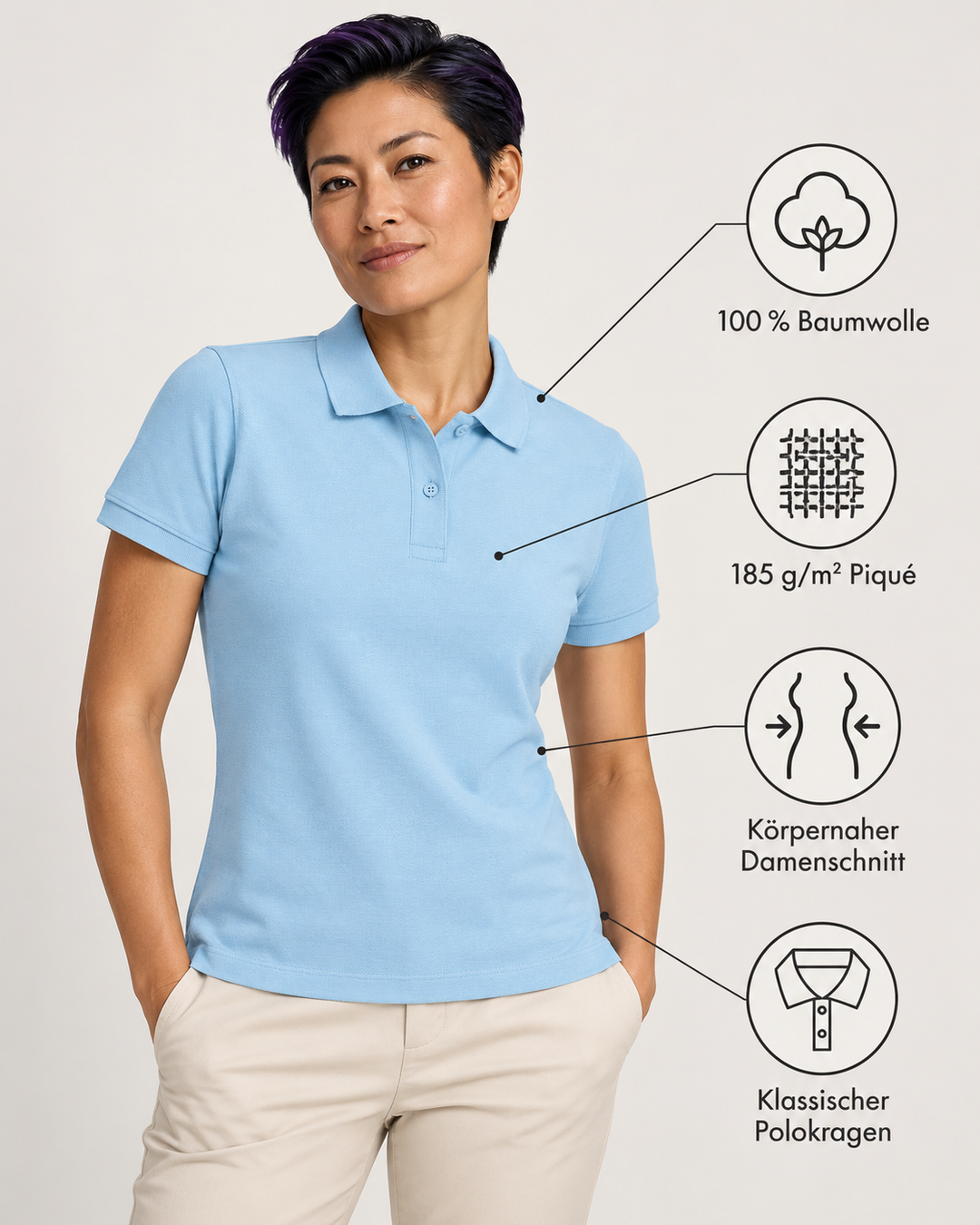 Sitztgut Damen-Poloshirt aus Baumwoll-Piqué, 185 g/m² – Sky blue – Produktdetails