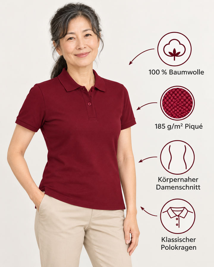 Sitztgut Damen-Poloshirt aus Baumwoll-Piqué, 185 g/m² – Burgundy – Produktdetails