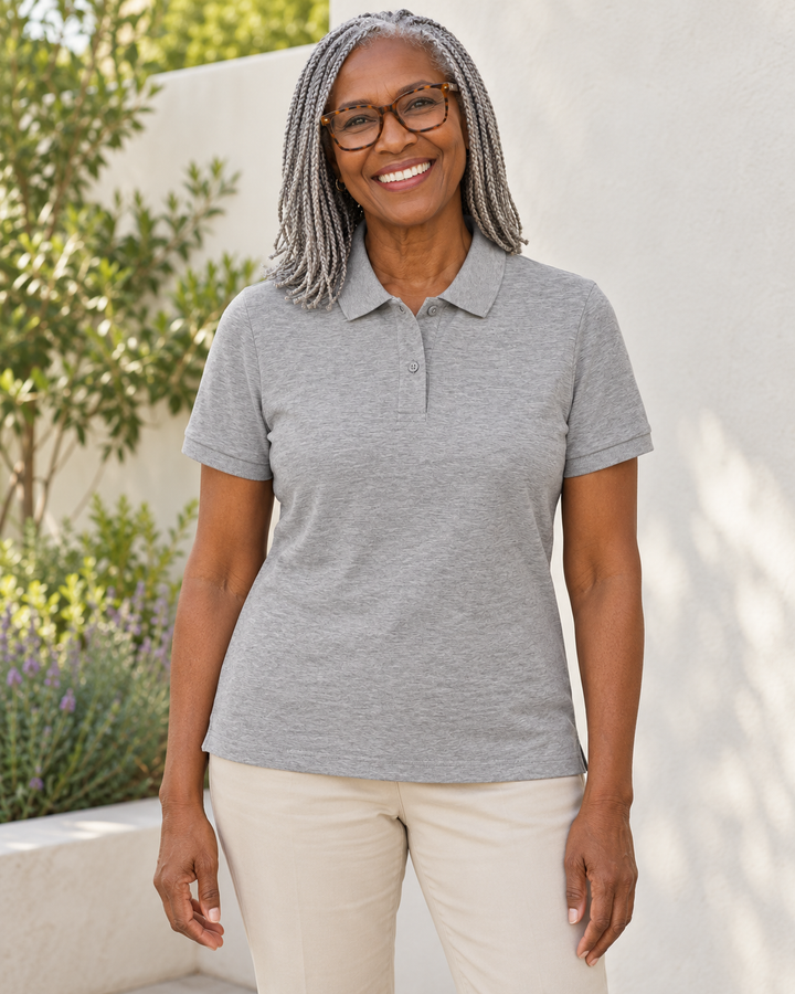 Sitztgut Damen-Poloshirt aus Baumwoll-Piqué, 185 g/m² – Grau meliert (Heather Grey) – Alltagsansicht