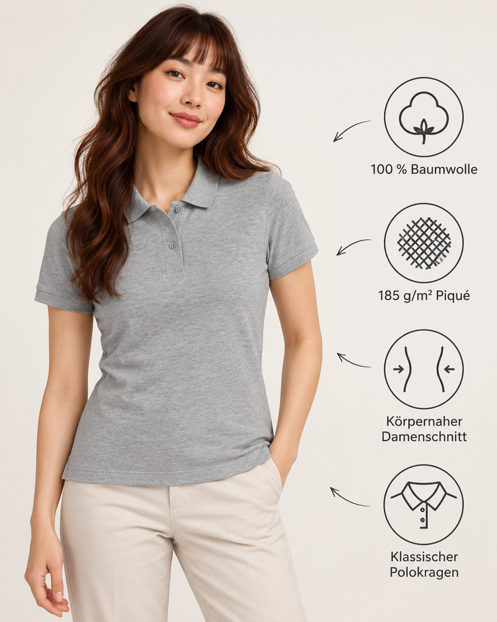 Sitztgut Damen-Poloshirt aus Baumwoll-Piqué, 185 g/m² – Grau meliert (Heather Grey) – Produktdetails