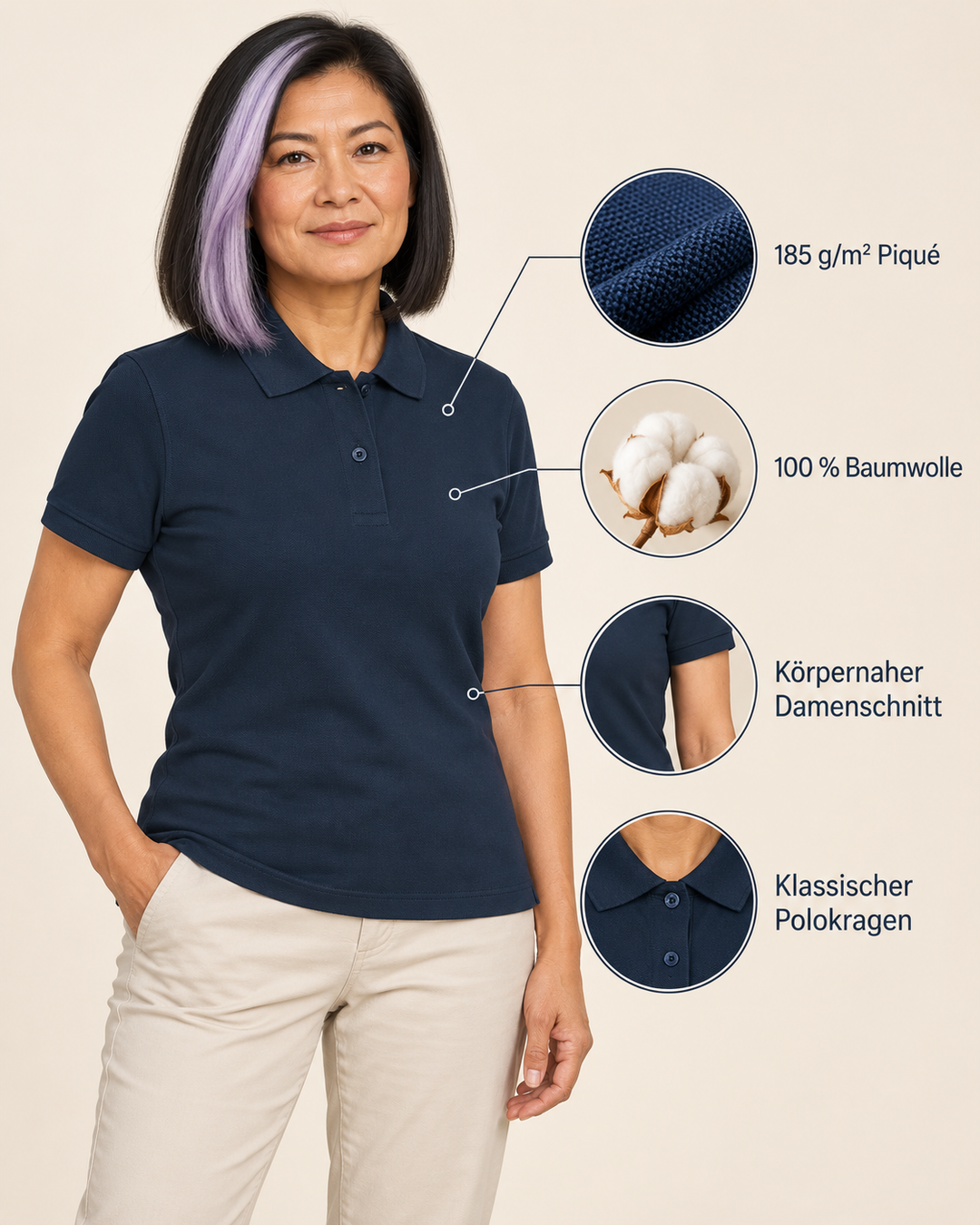 Sitztgut Damen-Poloshirt aus Baumwoll-Piqué, 185 g/m² – Marineblau – Produktdetails