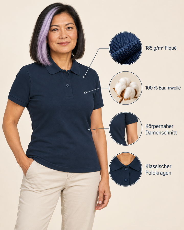 Sitztgut Damen-Poloshirt aus Baumwoll-Piqué, 185 g/m² – Marineblau – Produktdetails