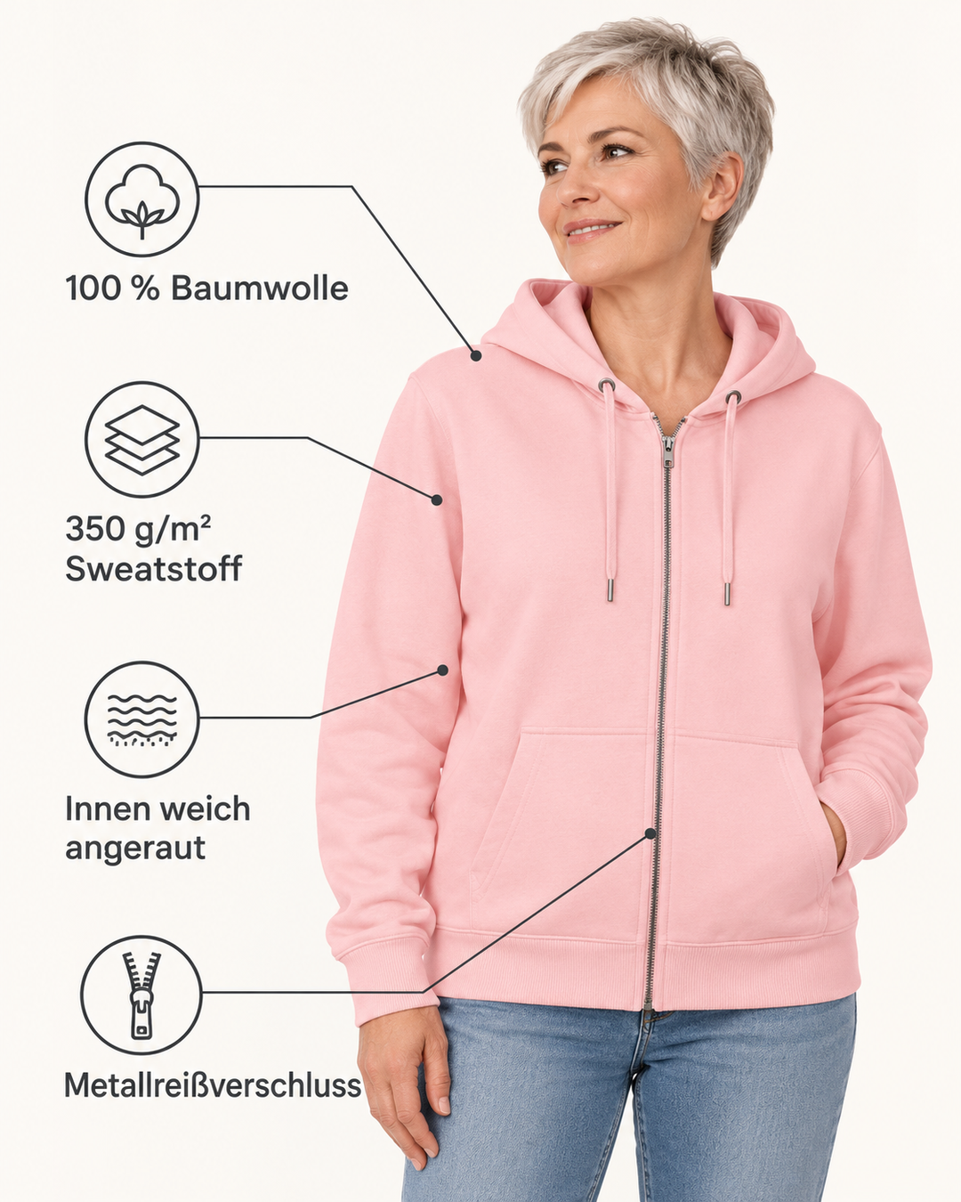 Sitztgut Unisex-Sweatjacke aus Baumwolle mit Kapuze – Cotton Pink – Produktdetails