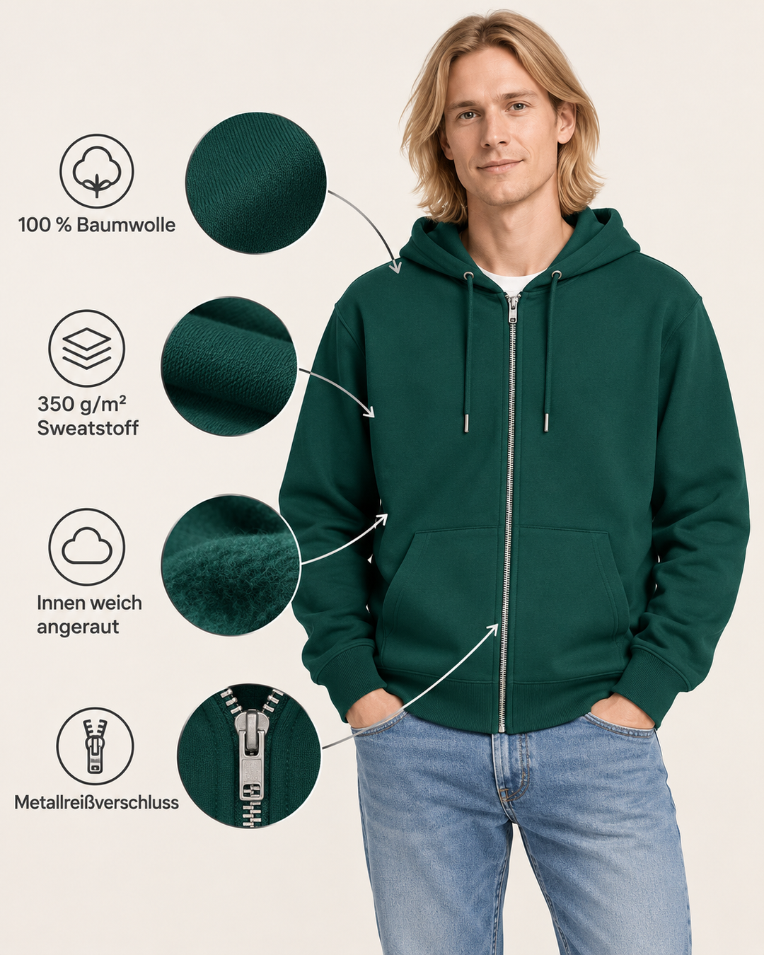 Sitztgut Unisex-Sweatjacke aus Baumwolle mit Kapuze – Glazed Green – Produktdetails