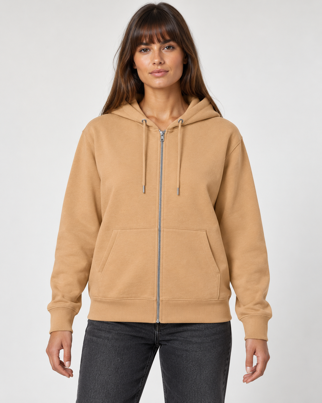 Sitztgut Unisex-Sweatjacke aus Baumwolle mit Kapuze – Latte – Vorderansicht