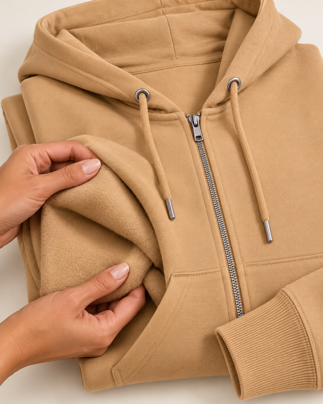 Sitztgut Unisex-Sweatjacke aus Baumwolle mit Kapuze – Latte – Materialdetail
