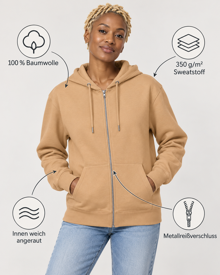 Sitztgut Unisex-Sweatjacke aus Baumwolle mit Kapuze – Latte – Produktdetails