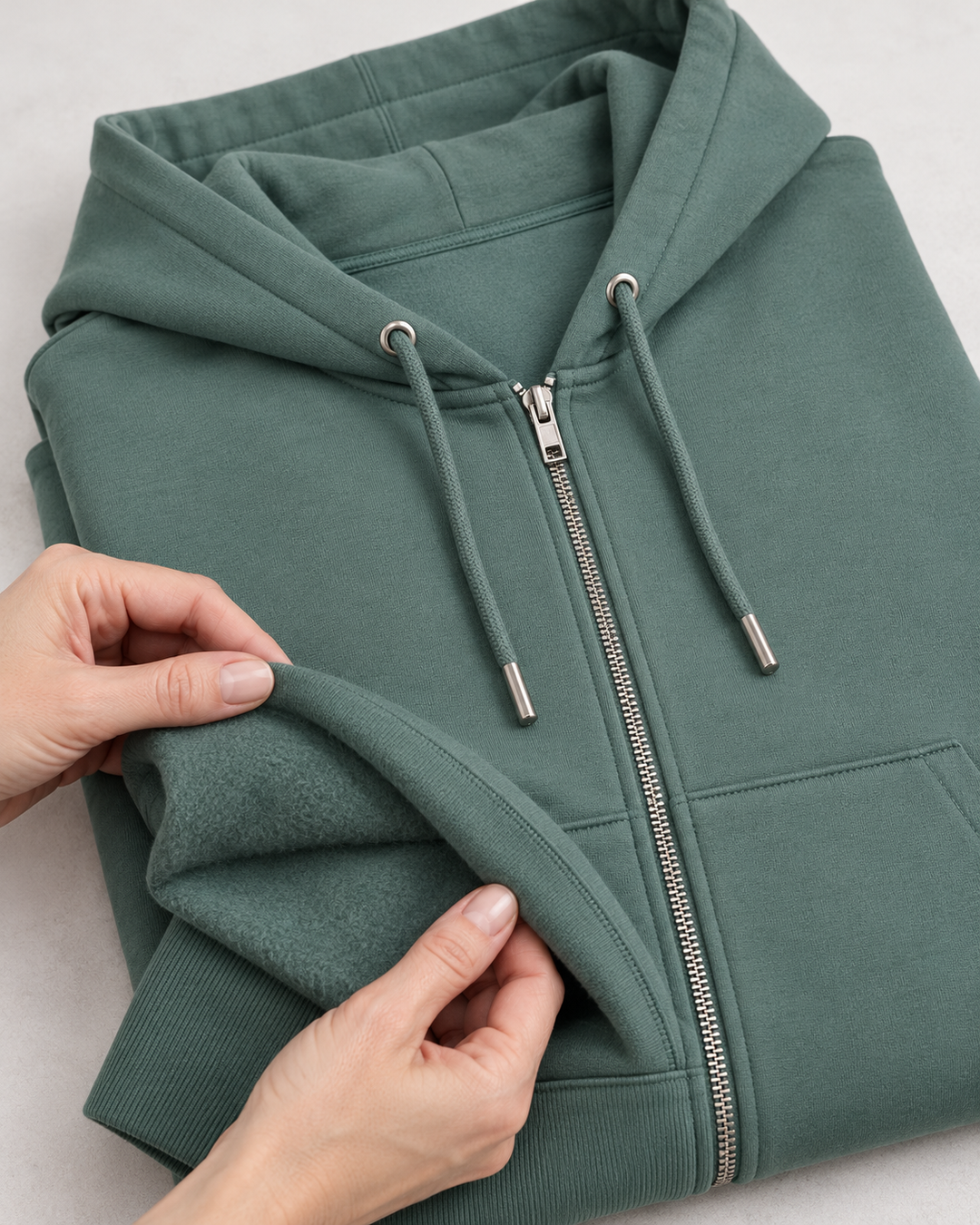 Sitztgut Unisex-Sweatjacke aus Baumwolle mit Kapuze – Green Bay – Materialdetail
