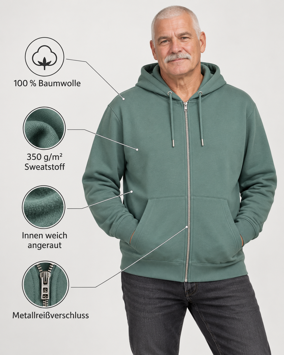 Sitztgut Unisex-Sweatjacke aus Baumwolle mit Kapuze – Green Bay – Produktdetails