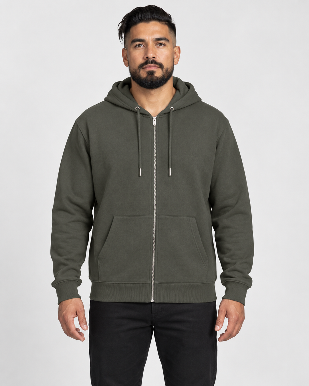 Sitztgut Unisex-Sweatjacke aus Baumwolle mit Kapuze – Khaki – Vorderansicht