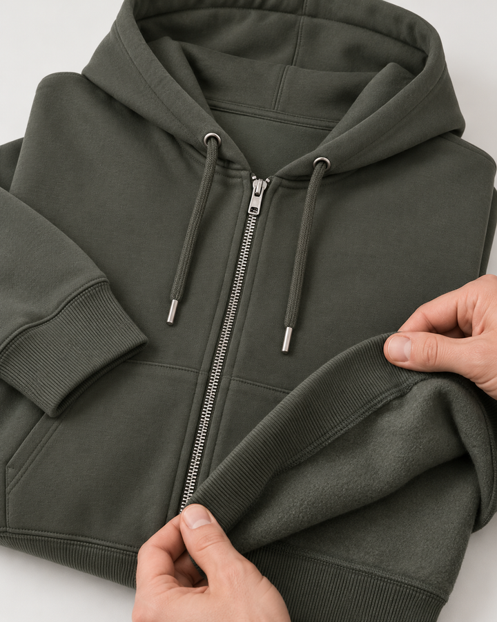 Sitztgut Unisex-Sweatjacke aus Baumwolle mit Kapuze – Khaki – Materialdetail