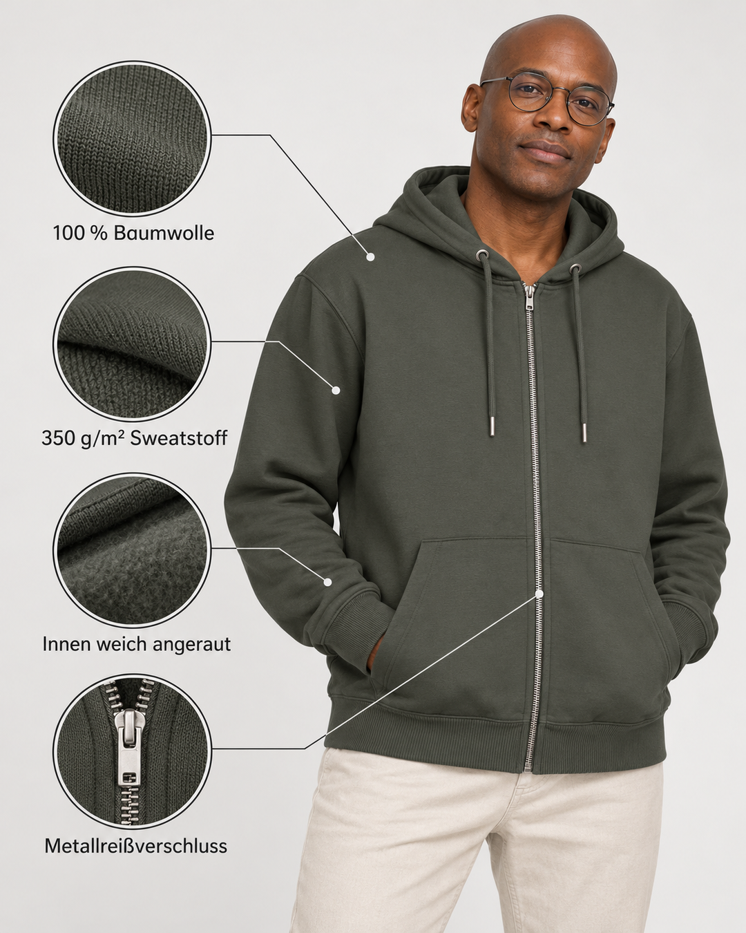 Sitztgut Unisex-Sweatjacke aus Baumwolle mit Kapuze – Khaki – Produktdetails