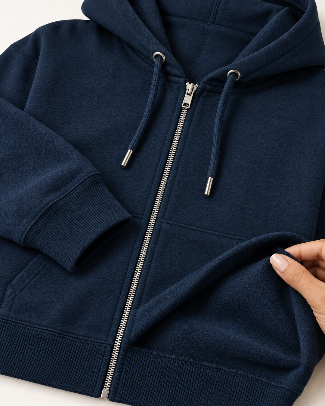 Sitztgut Unisex-Sweatjacke aus Baumwolle mit Kapuze – Marineblau – Materialdetail