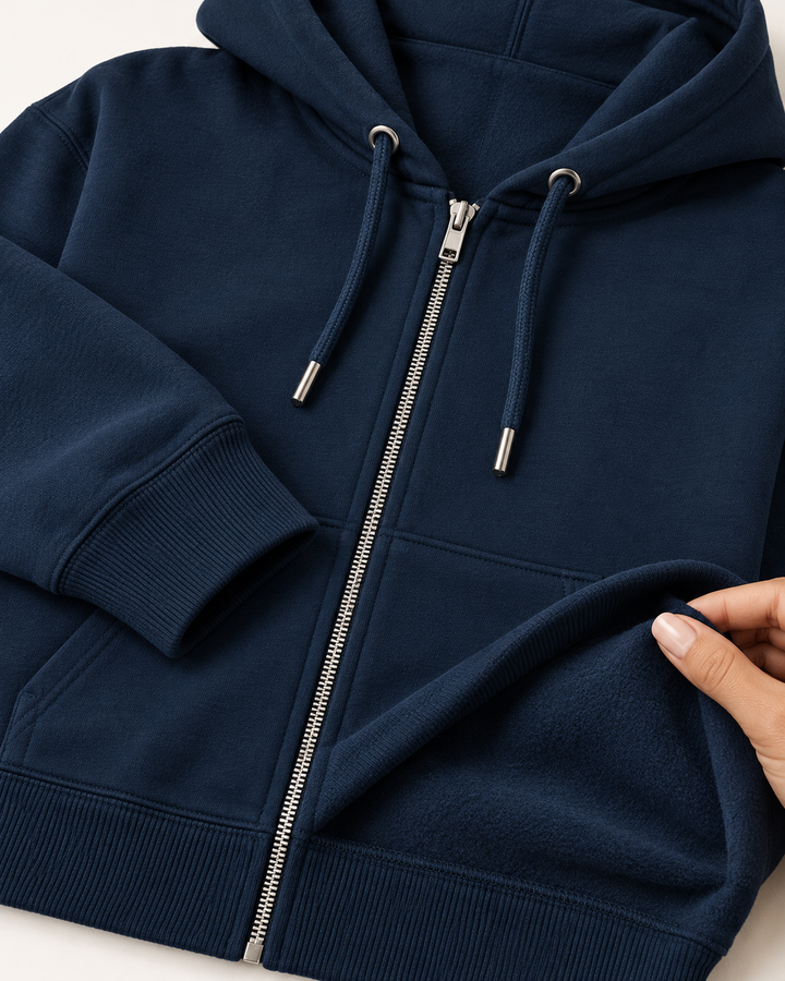 Sitztgut Unisex-Sweatjacke aus Baumwolle mit Kapuze – Marineblau – Materialdetail