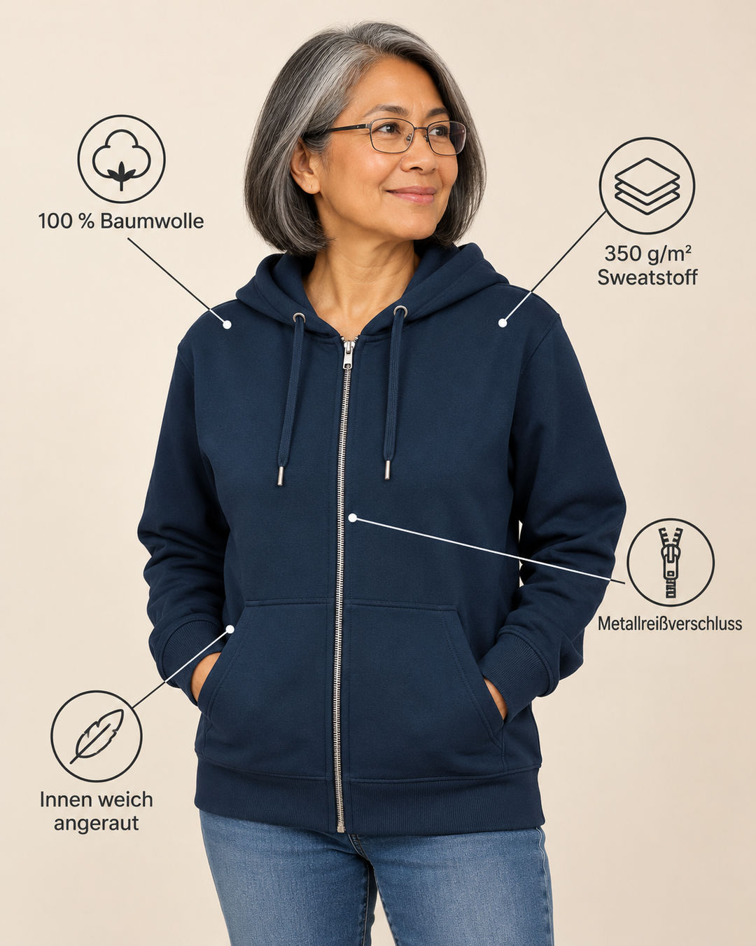Sitztgut Unisex-Sweatjacke aus Baumwolle mit Kapuze – Marineblau – Produktdetails