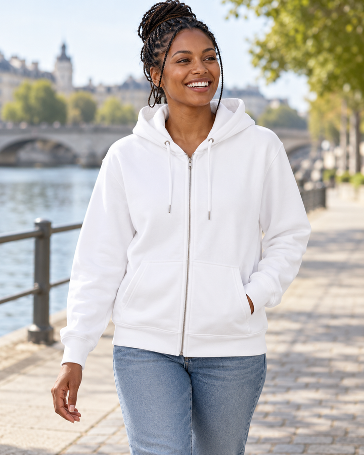 Sitztgut Unisex-Sweatjacke aus Baumwolle mit Kapuze – Weiß – Alltagsansicht
