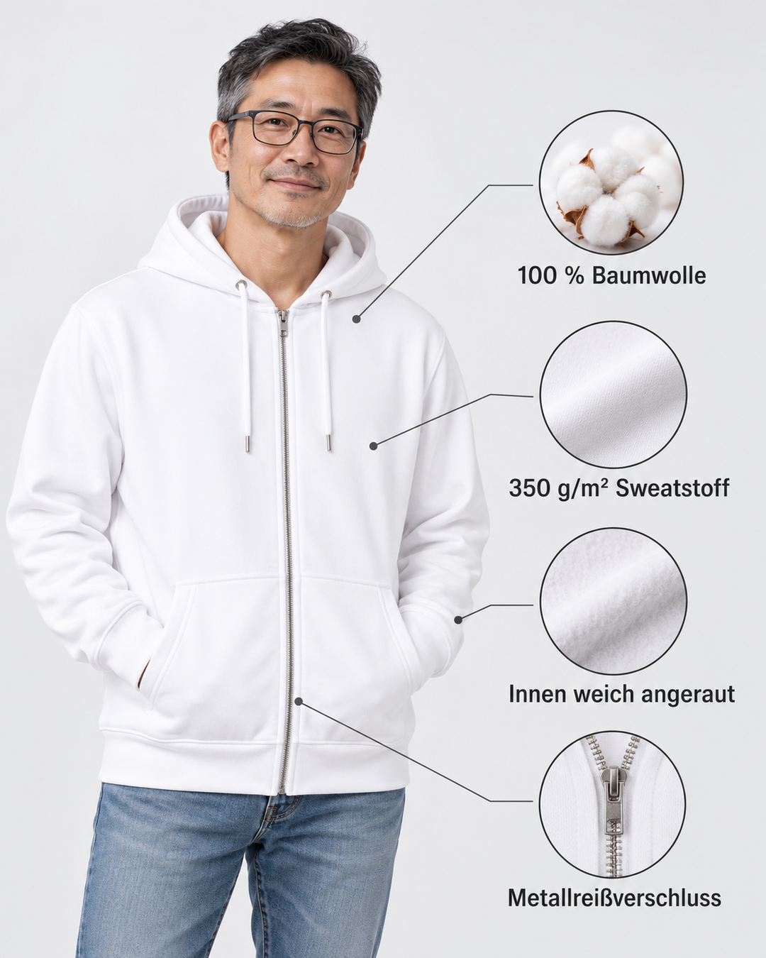 Sitztgut Unisex-Sweatjacke aus Baumwolle mit Kapuze – Weiß – Produktdetails