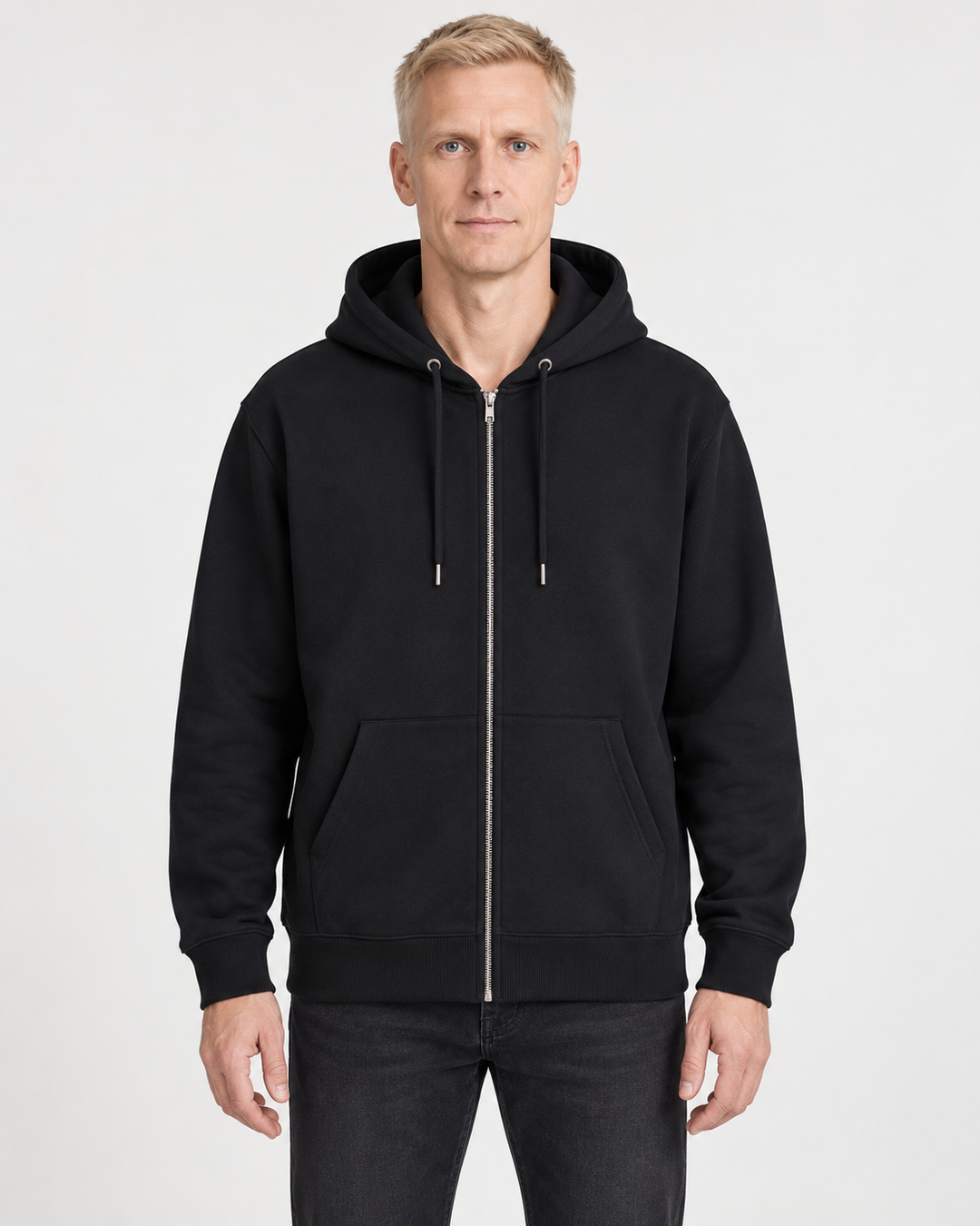Sitztgut Unisex-Sweatjacke aus Baumwolle mit Kapuze – Schwarz – Vorderansicht