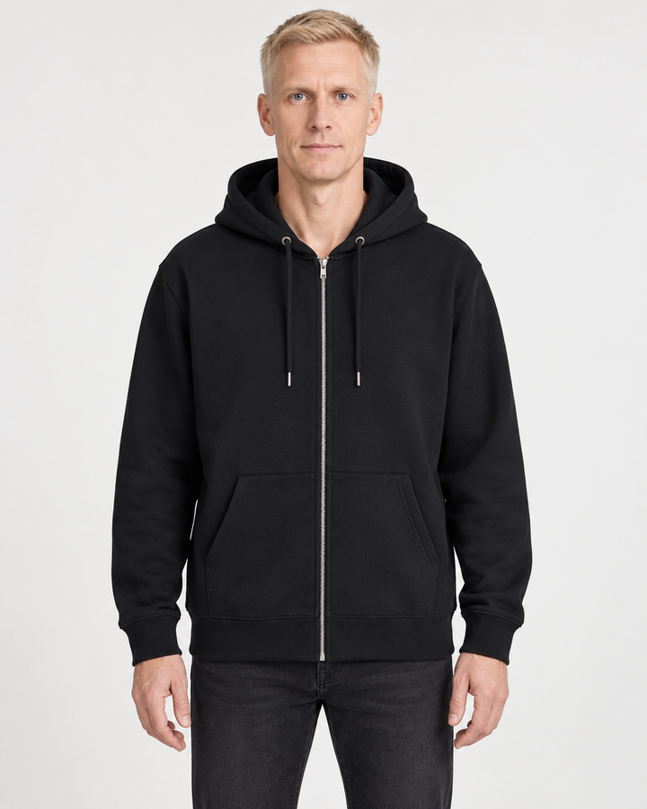 Sitztgut Unisex-Sweatjacke aus Baumwolle mit Kapuze – Schwarz – Vorderansicht