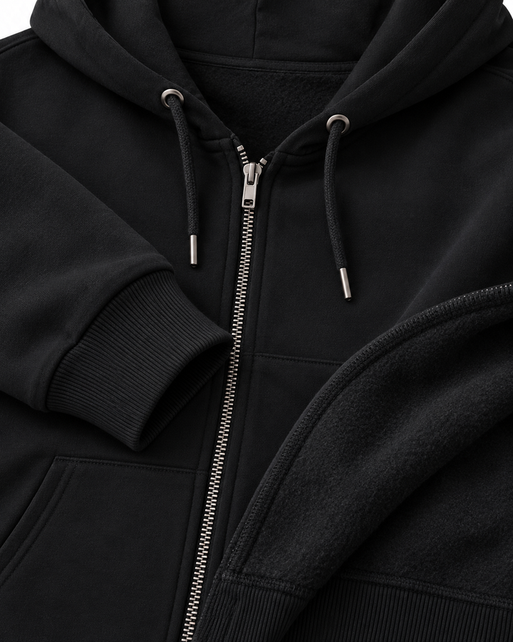Sitztgut Unisex-Sweatjacke aus Baumwolle mit Kapuze – Schwarz – Materialdetail