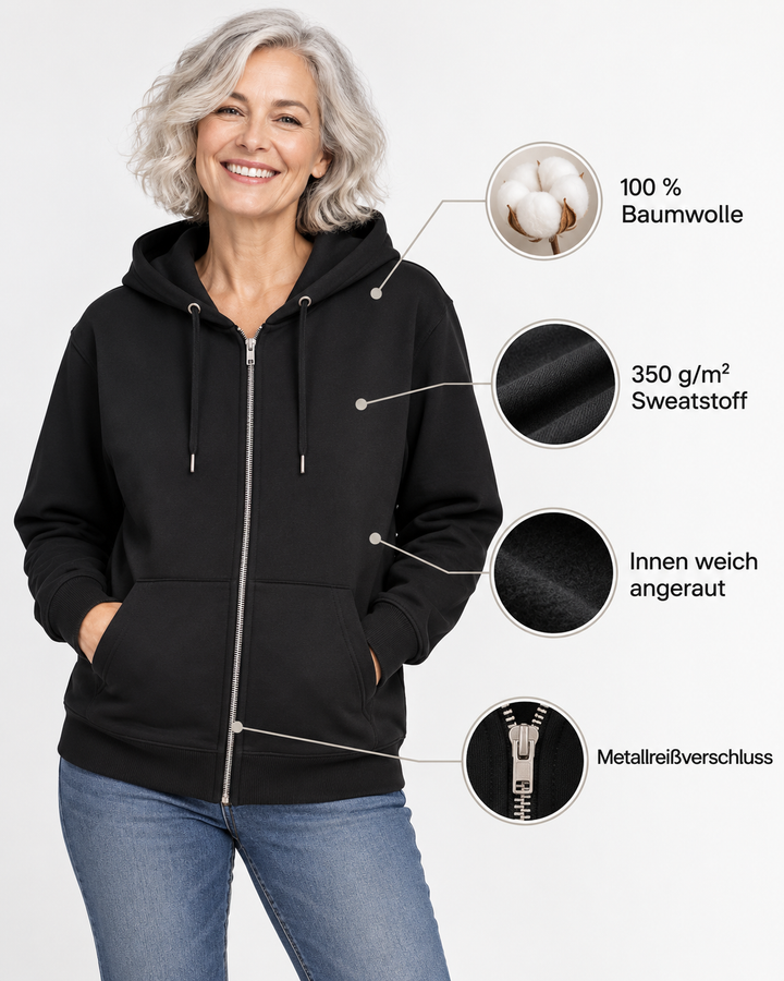 Sitztgut Unisex-Sweatjacke aus Baumwolle mit Kapuze – Schwarz – Produktdetails