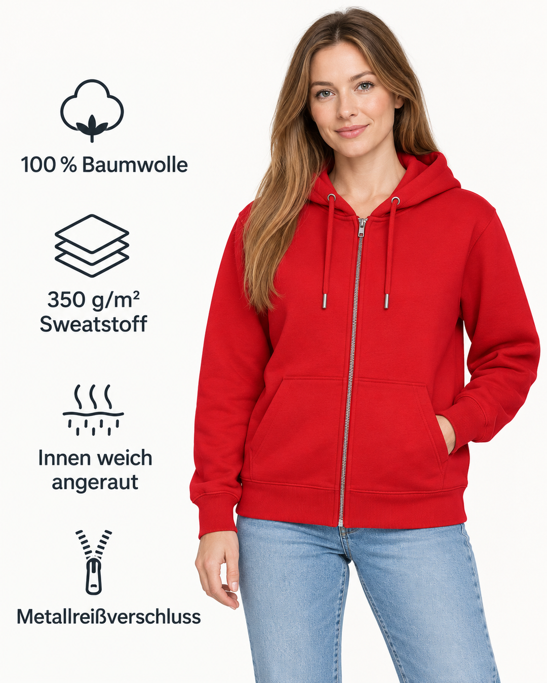Sitztgut Unisex-Sweatjacke aus Baumwolle mit Kapuze – Red – Produktdetails