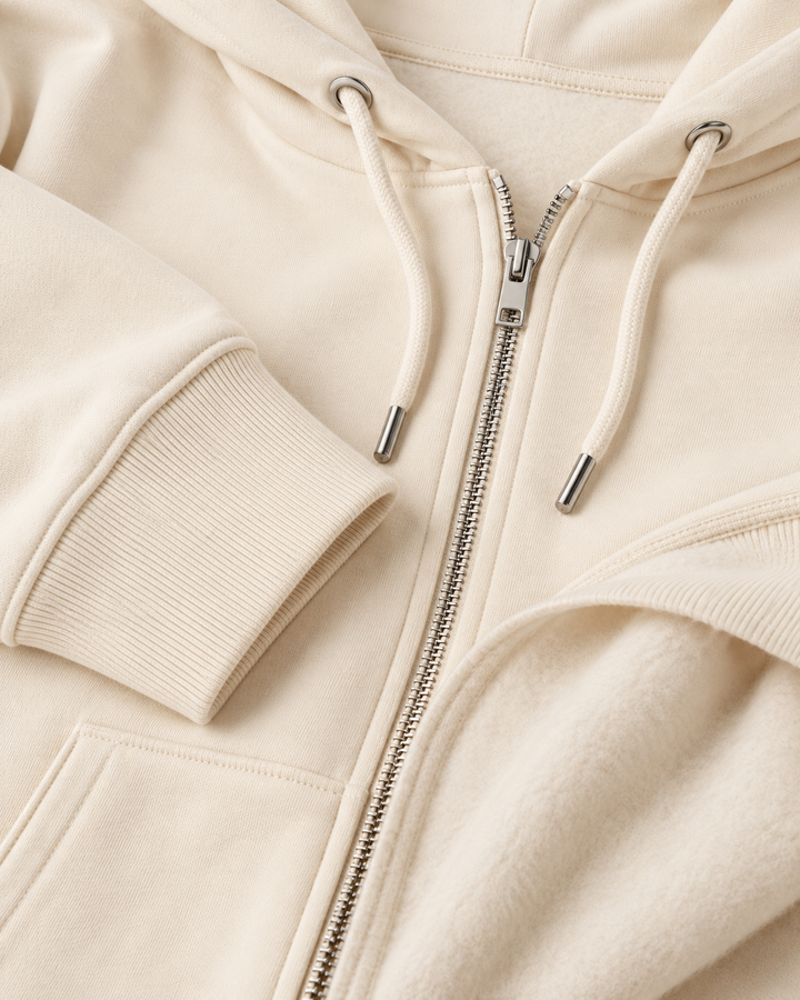 Sitztgut Unisex-Sweatjacke aus Baumwolle mit Kapuze – Natur – Materialdetail