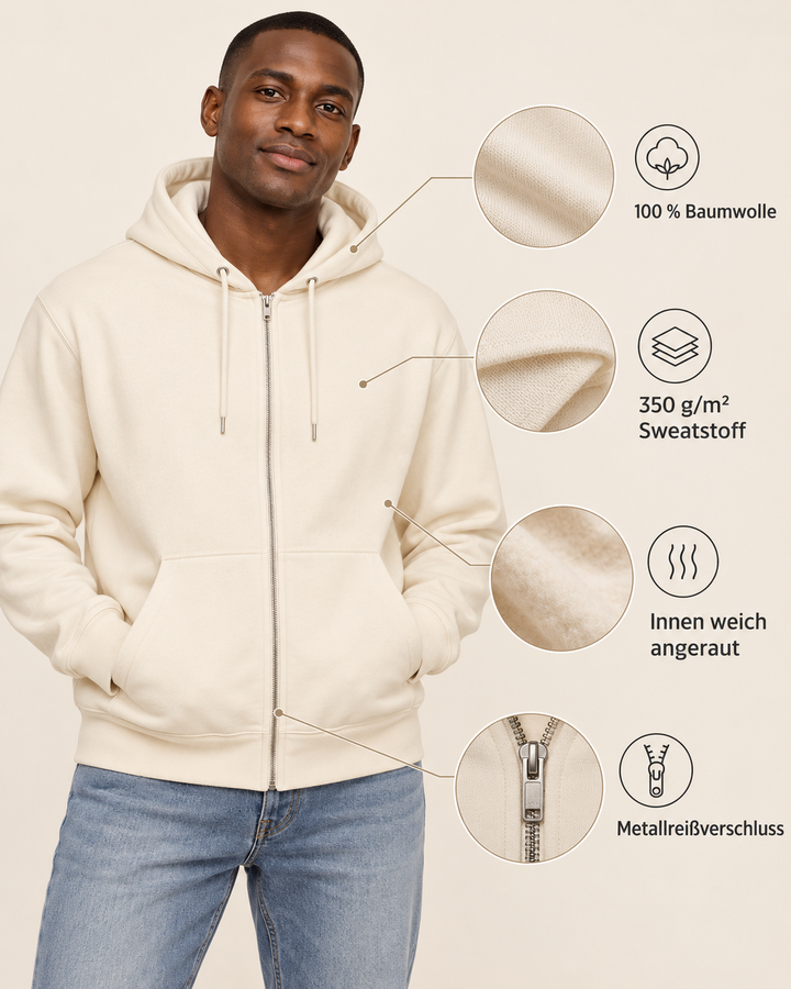 Sitztgut Unisex-Sweatjacke aus Baumwolle mit Kapuze – Natur – Produktdetails