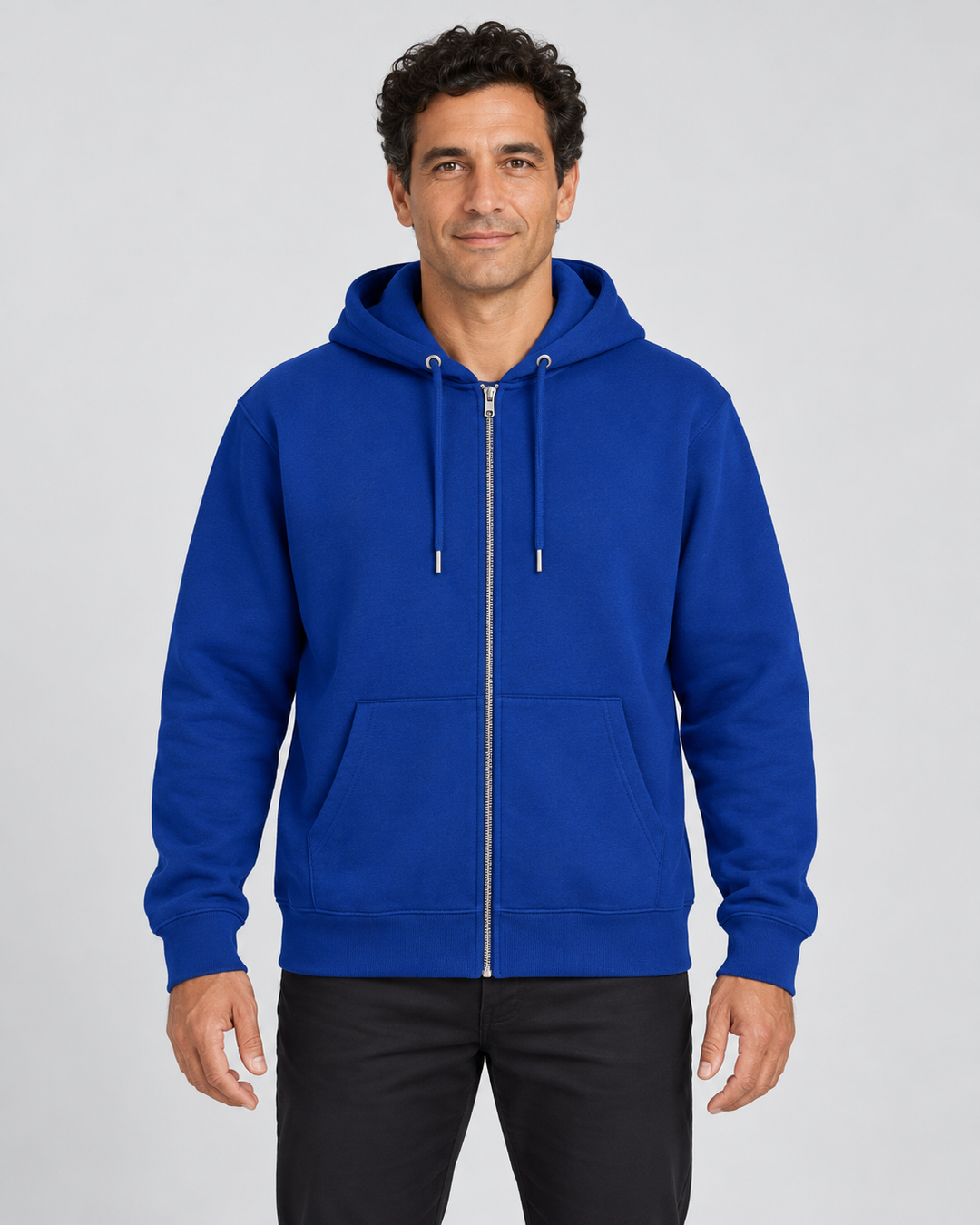 Sitztgut Unisex-Sweatjacke aus Baumwolle mit Kapuze – Worker Blue – Vorderansicht