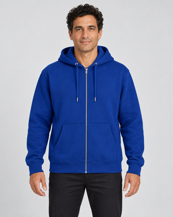 Sitztgut Unisex-Sweatjacke aus Baumwolle mit Kapuze – Worker Blue – Vorderansicht