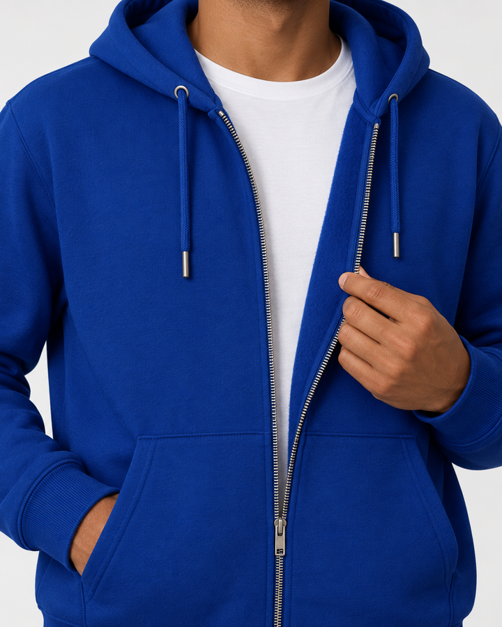 Sitztgut Unisex-Sweatjacke aus Baumwolle mit Kapuze – Worker Blue – Materialdetail