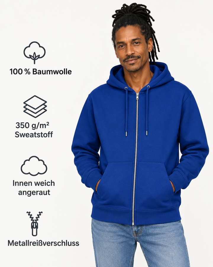 Sitztgut Unisex-Sweatjacke aus Baumwolle mit Kapuze – Worker Blue – Produktdetails